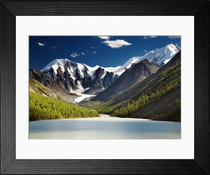 Framed Print : Mountain landscape with lake and blue sky Framed Print : Mountain landscape with lake and blue sky