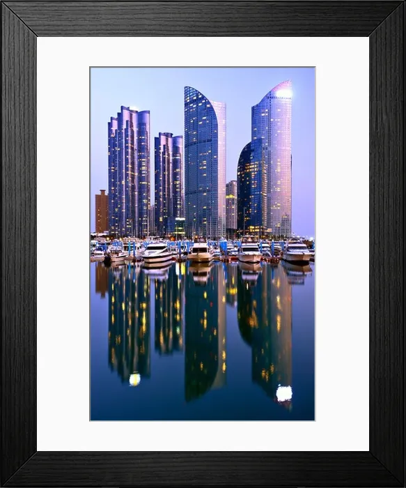Framed Print : Skyline of luxury residential high rises in the Haeundae district of Busan, South Korea at dusk Framed Print : Skyline of luxury residential high rises in the Haeundae district of Busan, South Korea at dusk