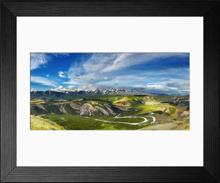 Framed Print : Mountain landscape with river and snowy peaks Framed Print : Mountain landscape with river and snowy peaks