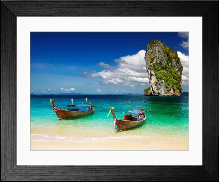 Framed Print : Long tail boats, Tropical beach, Andaman Sea, Thailand Framed Print : Long tail boats, Tropical beach, Andaman Sea, Thailand