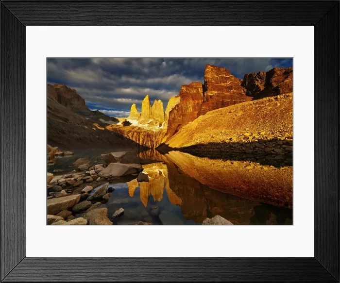 Framed Print : Towers with reflection at sunrise, Torres del Paine National Park, Patagonia, Chile Framed Print : Towers with reflection at sunrise, Torres del Paine National Park, Patagonia, Chile