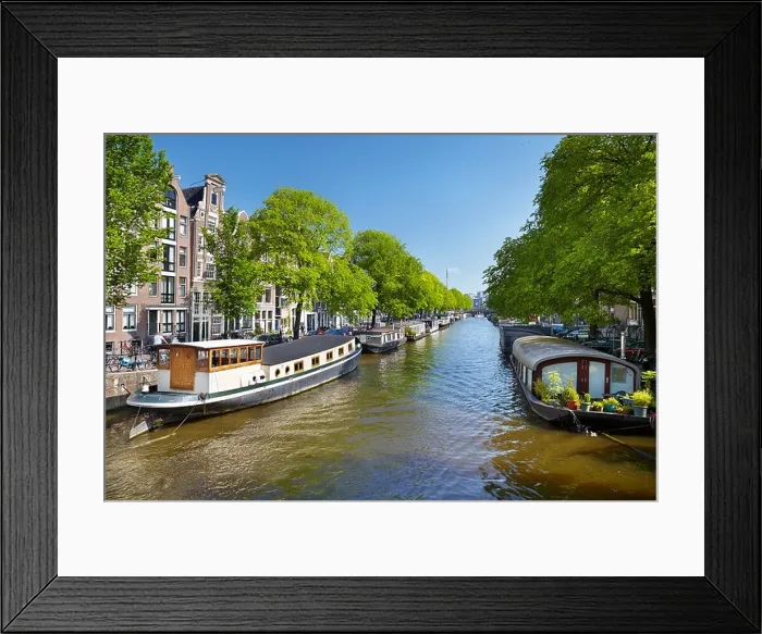 Framed Print : Houseboat barge, Amsterdam canal - Holland Netherlands Framed Print : Houseboat barge, Amsterdam canal - Holland Netherlands