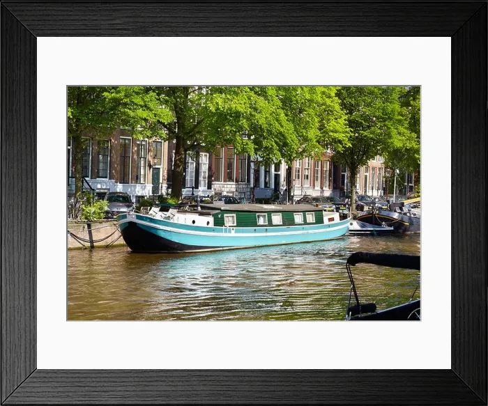 Framed Print : Houseboat barge, Amsterdam canal - Holland Netherlands Framed Print : Houseboat barge, Amsterdam canal - Holland Netherlands