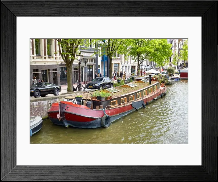 Framed Print : Houseboat barge, Amsterdam canal - Holland Netherlands Framed Print : Houseboat barge, Amsterdam canal - Holland Netherlands