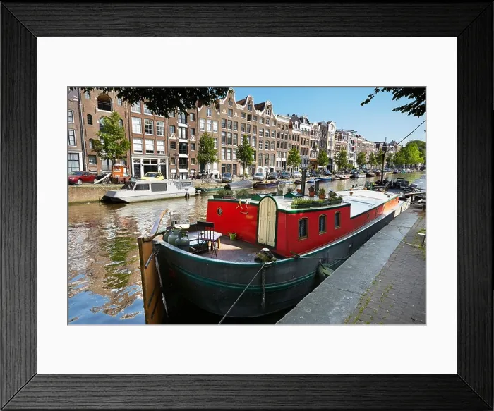 Framed Print : Houseboat barge, Amsterdam canal - Holland Netherlands Framed Print : Houseboat barge, Amsterdam canal - Holland Netherlands