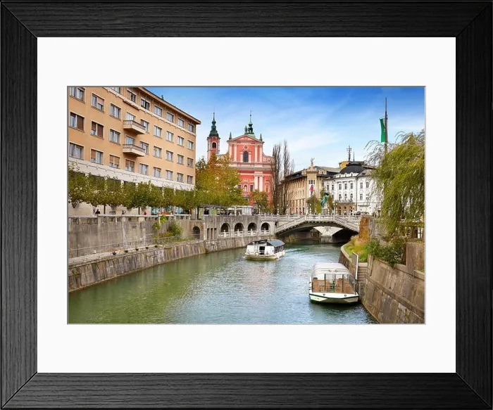 Framed Print : Ljubljana, view at bridge and the Franciscan Church, Slovenia Framed Print : Ljubljana, view at bridge and the Franciscan Church, Slovenia