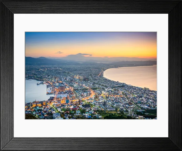Framed Print : Hakodate, Hokkaido, Japan city skyline from Mt. Hakodate at dawn. The view is considered one of the three best in Japan Framed Print : Hakodate, Hokkaido, Japan city skyline from Mt. Hakodate at dawn. The view is considered one of the three best in Japan