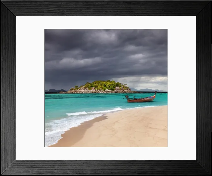 Framed Print : Long tail boat, Tropical beach, Andaman Sea, Thailand Framed Print : Long tail boat, Tropical beach, Andaman Sea, Thailand