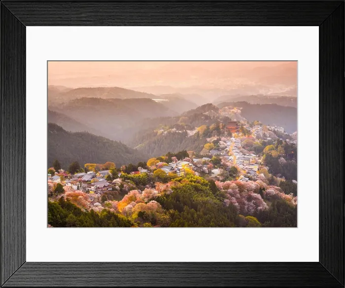 Framed Print : Yoshinoyama, Nara, Japan view of town and cherry trees during the spring season Framed Print : Yoshinoyama, Nara, Japan view of town and cherry trees during the spring season