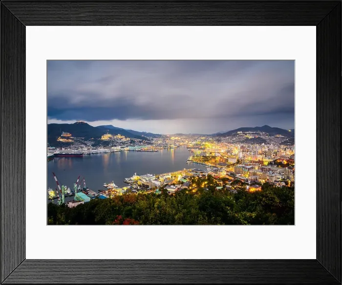 Framed Print : Nagasaki, Japan city skyline at the bay Framed Print : Nagasaki, Japan city skyline at the bay
