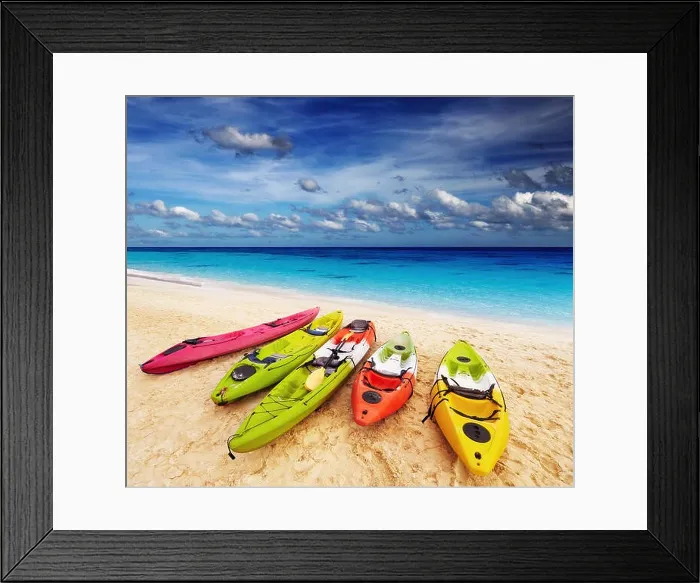 Framed Print : Colorful kayaks on the tropical beach, Thailand Framed Print : Colorful kayaks on the tropical beach, Thailand