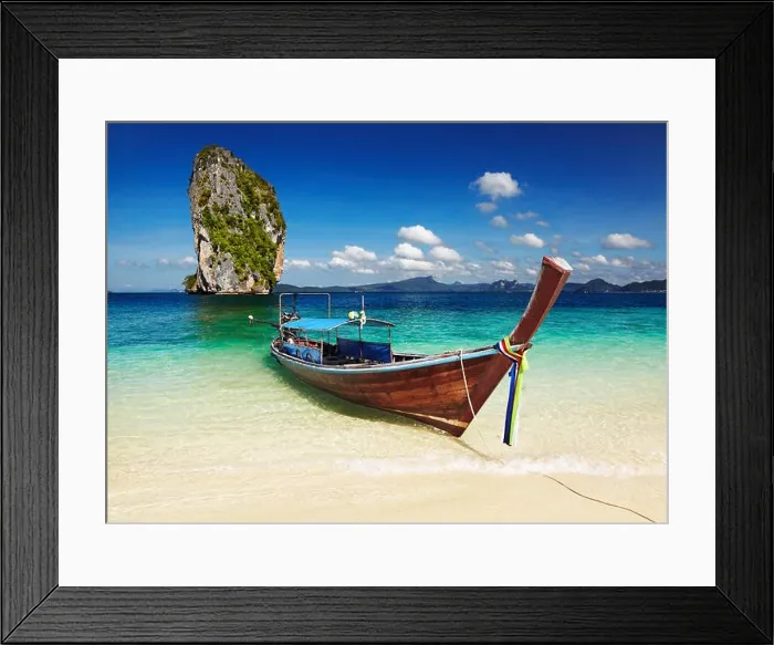 Framed Print : Long tail boat, Tropical beach, Andaman Sea, Thailand Framed Print : Long tail boat, Tropical beach, Andaman Sea, Thailand