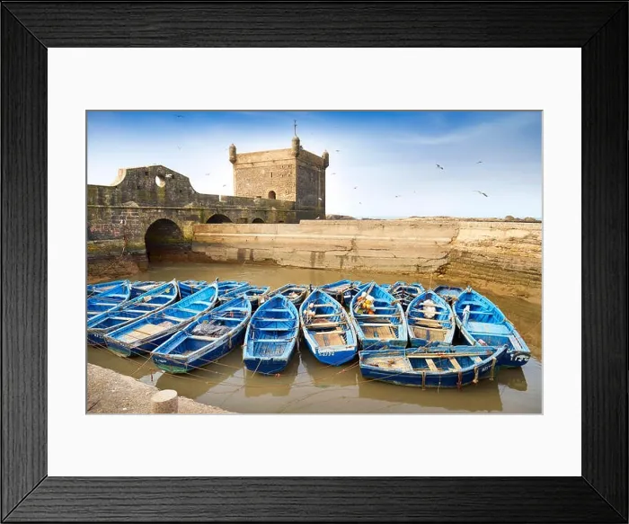 Framed Print : Blue fishing boats in the harbour of Essaouira, Morocco Framed Print : Blue fishing boats in the harbour of Essaouira, Morocco