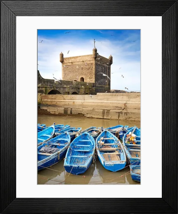 Framed Print : Blue fishing boats in the harbour of Essaouira, Morocco, Africa Framed Print : Blue fishing boats in the harbour of Essaouira, Morocco, Africa