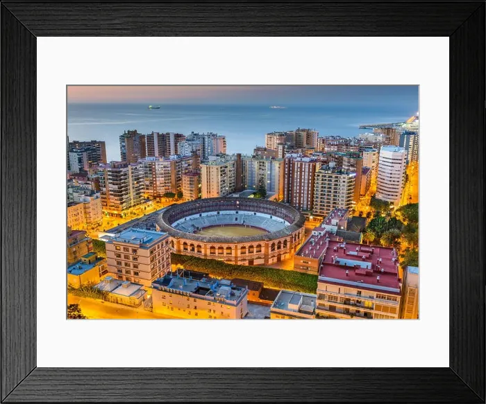 Framed Print : Malaga, Spain cityscape and bullring at dawn Framed Print : Malaga, Spain cityscape and bullring at dawn