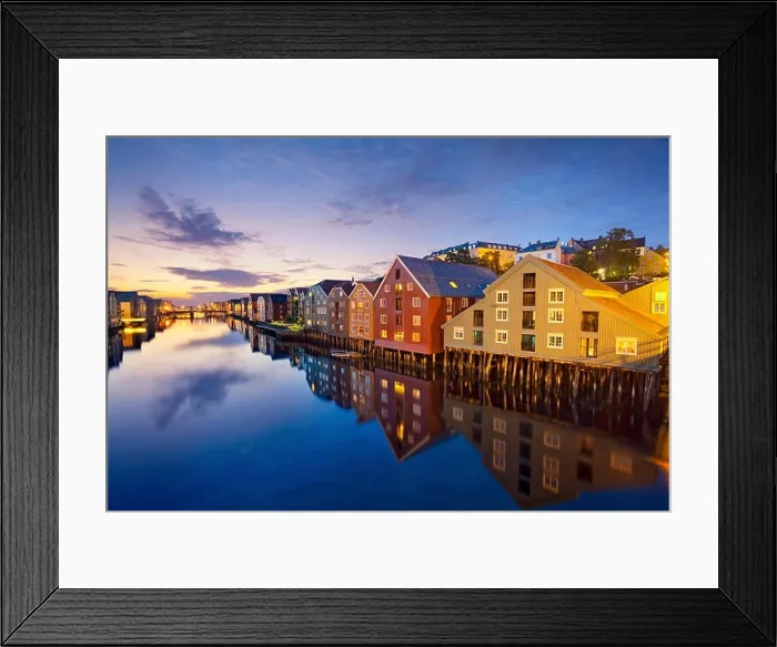 Framed Print : Trondheim. Image of norwegian city of Trondheim during twilight blue hour Framed Print : Trondheim. Image of norwegian city of Trondheim during twilight blue hour