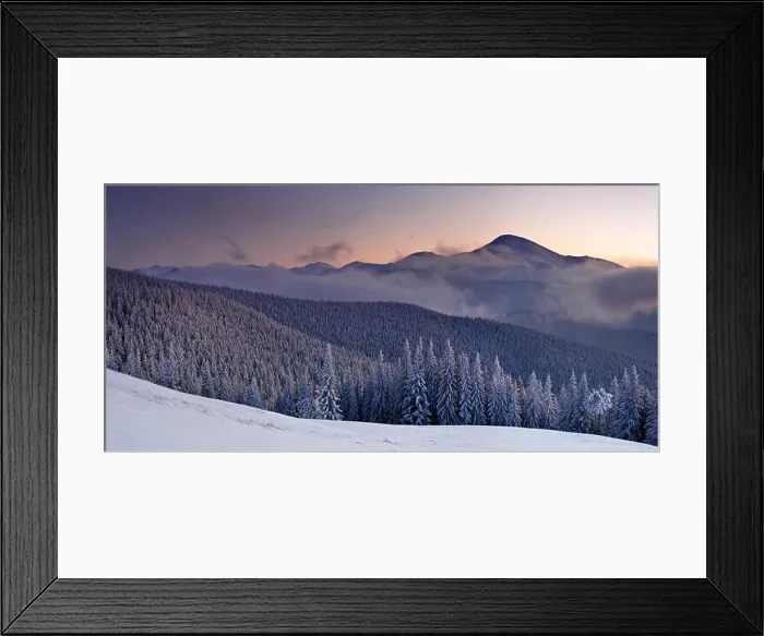 Framed Print : Fantastic orange evening landscape glowing by sunlight. Dramatic wintry scene with snowy trees. Gorgany ridge, Carpathians, Ukra