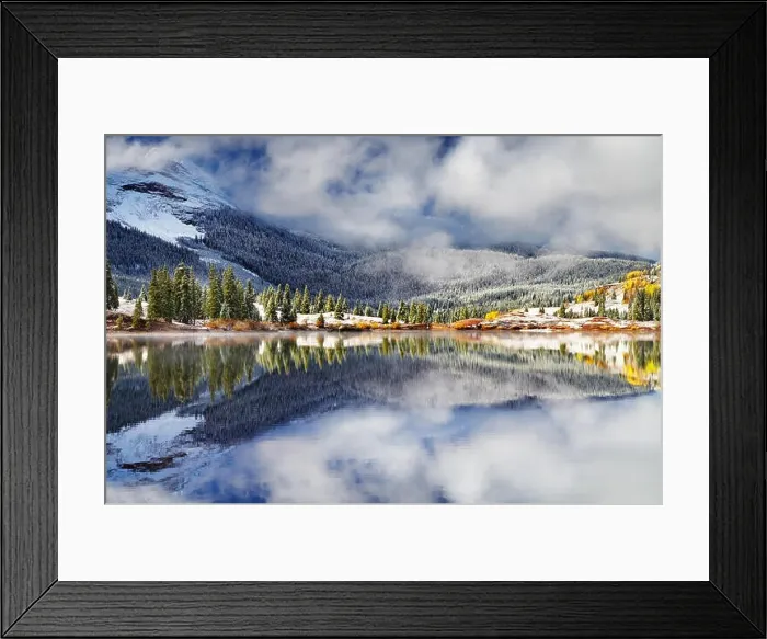 Framed Print : Mountain lake after the snow storm. Molas Lake, San Juan Mountains, Colorado, USA