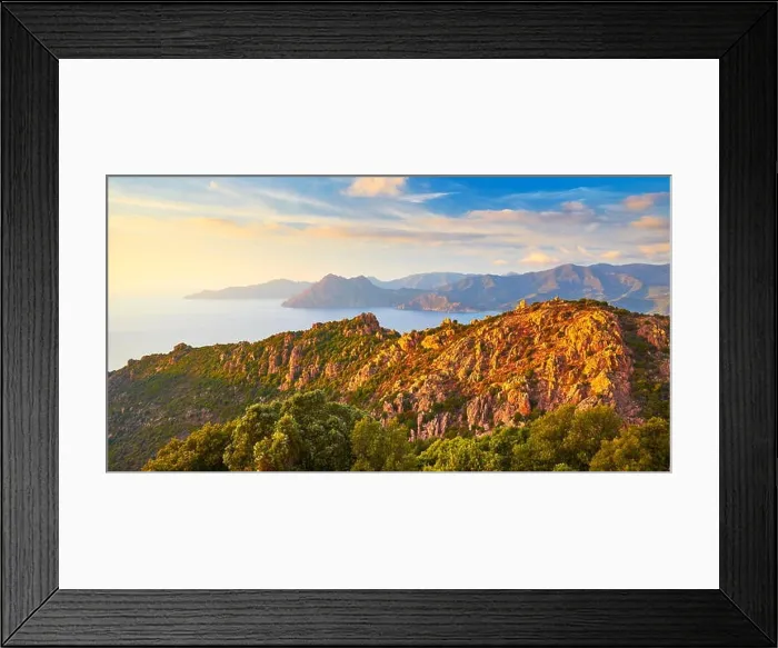 Framed Print : Les Calanches, volcanic red rocks formations mountains, Piana, Corsica Island, France, UNESCO Framed Print : Les Calanches, volcanic red rocks formations mountains, Piana, Corsica Island, France, UNESCO