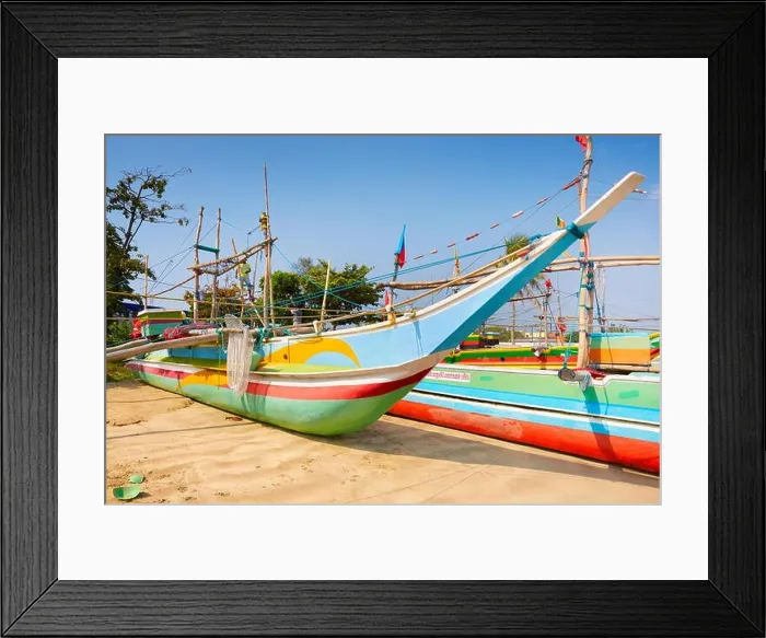 Framed Print : Sri Lanka - Galle, traditional wooden painted fishing boats in the port Framed Print : Sri Lanka - Galle, traditional wooden painted fishing boats in the port