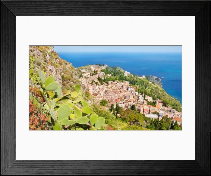 Framed Print : Aerial landscape view of Taormina Old Town, Sicily, Italy Framed Print : Aerial landscape view of Taormina Old Town, Sicily, Italy