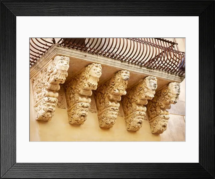 Framed Print : Baroque details of balcony at the Palazzo Villadorata (Palazzo Nicolaci), Noto old town, Sicily, Italy UNESCO
