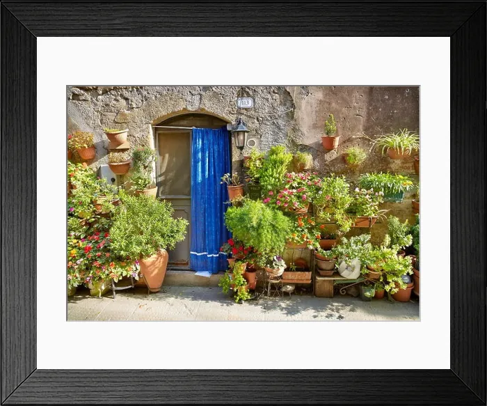 Framed Print : Entrance decorated with flowers, Pitigliano, Tuscany, Italy Framed Print : Entrance decorated with flowers, Pitigliano, Tuscany, Italy