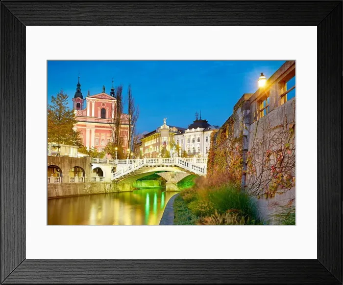 Framed Print : Ljubljana, view at bridge and the Franciscan Church, Slovenia Framed Print : Ljubljana, view at bridge and the Franciscan Church, Slovenia