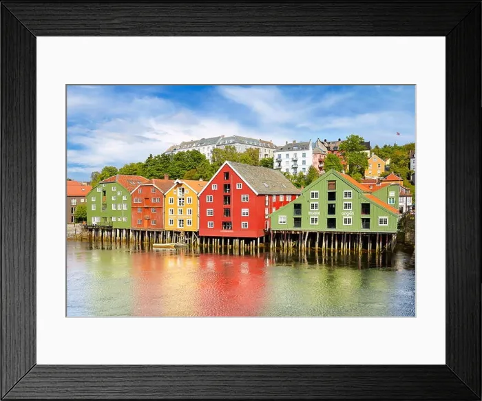 Framed Print : Colorful historic stilt houses in Trondheim, Norway Framed Print : Colorful historic stilt houses in Trondheim, Norway