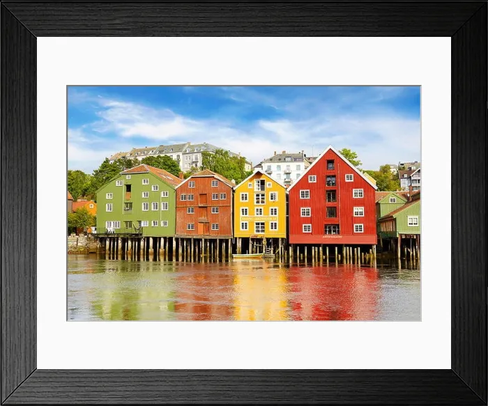 Framed Print : Colorful historic storage houses in Trondheim, Norway Framed Print : Colorful historic storage houses in Trondheim, Norway