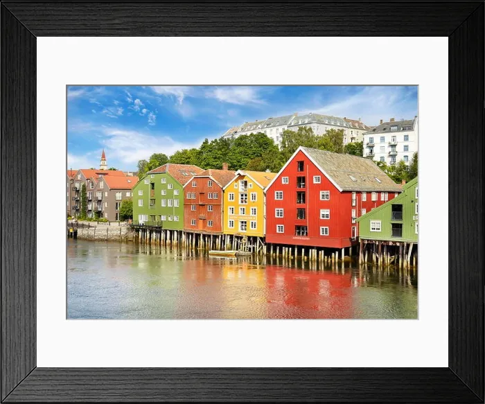 Framed Print : Colorful historic stilt houses in Trondheim, Norway Framed Print : Colorful historic stilt houses in Trondheim, Norway