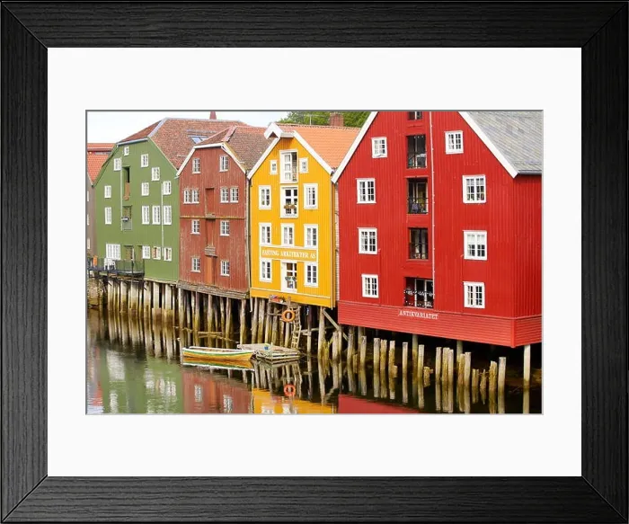 Framed Print : Colorful historic stilt houses in Trondheim, Norway Framed Print : Colorful historic stilt houses in Trondheim, Norway