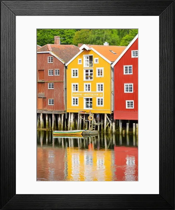 Framed Print : Stilt colorful historic storage houses in Trondheim, Norway Framed Print : Stilt colorful historic storage houses in Trondheim, Norway