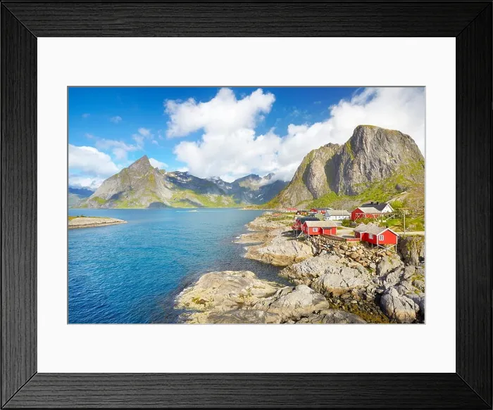 Framed Print : Traditional red wooden fishermen`s huts rorbu, Lofoten Island landscape, Norway Framed Print : Traditional red wooden fishermen`s huts rorbu, Lofoten Island landscape, Norway