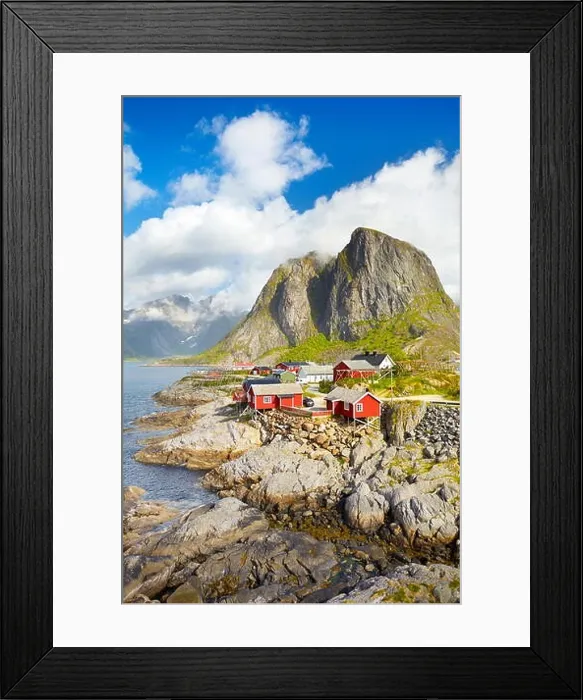 Framed Print : Red wooden fishermen`s huts rorbu, Lofoten Island landscape, Norway Framed Print : Red wooden fishermen`s huts rorbu, Lofoten Island landscape, Norway