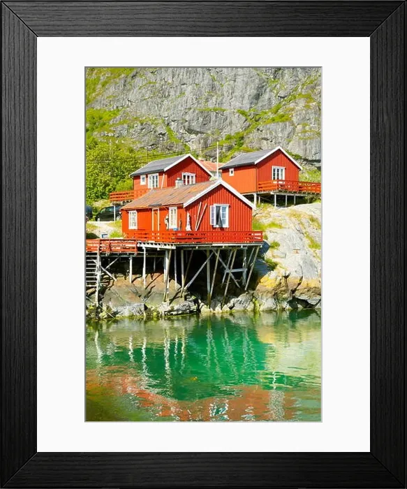 Framed Print : Traditional red wooden rorbu huts on Moskenesoya Island, Lofoten Islands, Norway Framed Print : Traditional red wooden rorbu huts on Moskenesoya Island, Lofoten Islands, Norway