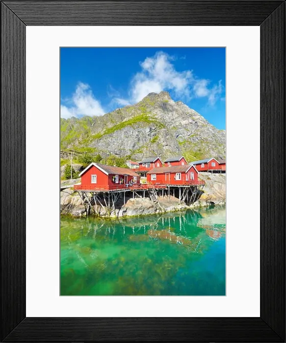 Framed Print : Traditional red wooden rorbu huts on Moskenesoya Island, Lofoten Islands, Norway Framed Print : Traditional red wooden rorbu huts on Moskenesoya Island, Lofoten Islands, Norway