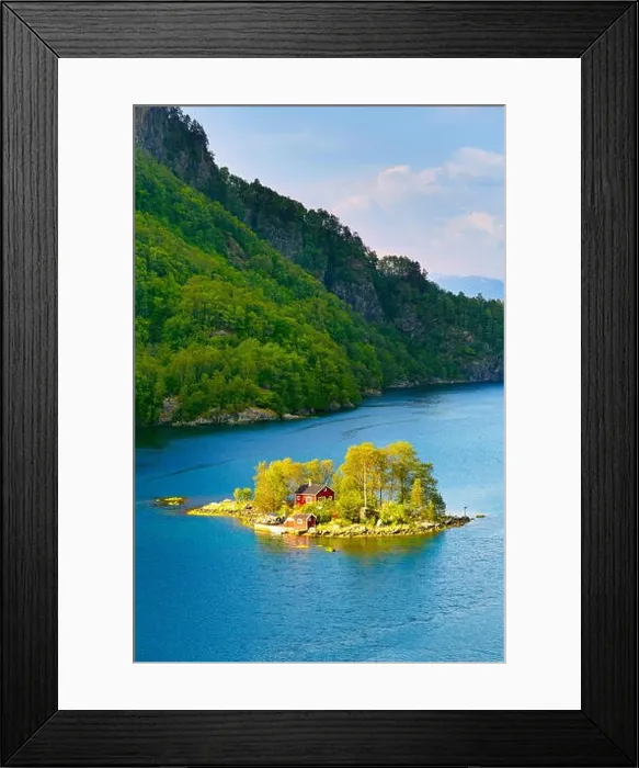 Framed Print : Small Island with a red cottage in Lovrafjord, Norway Framed Print : Small Island with a red cottage in Lovrafjord, Norway