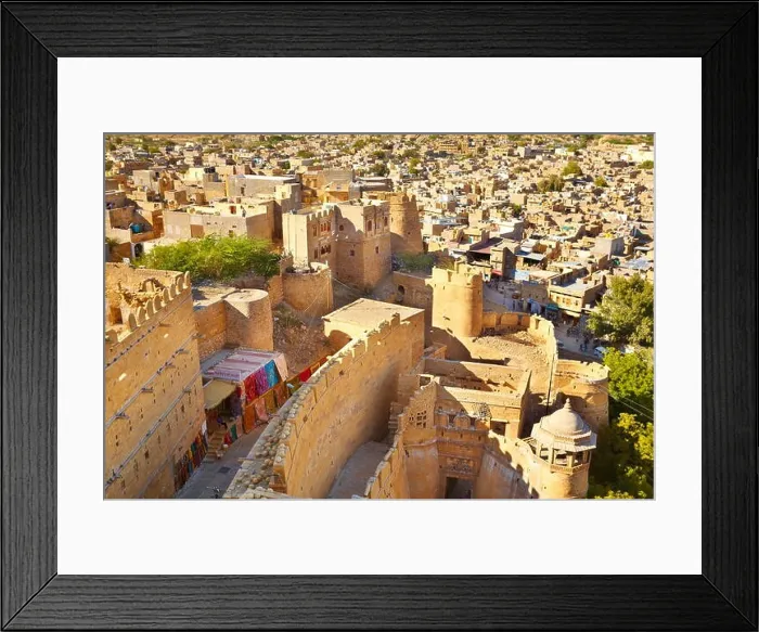 Framed Print : Aerial view from the top of Jaisalmer Fort of the foritication and city below, Jaisalmer, India Framed Print : Aerial view from the top of Jaisalmer Fort of the foritication and city below, Jaisalmer, India