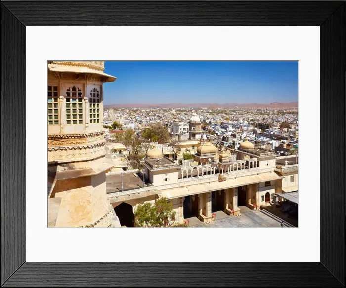 Framed Print : Aerial view of Udaipur town from the City Palace, Udaipur, Rajasthan, India Framed Print : Aerial view of Udaipur town from the City Palace, Udaipur, Rajasthan, India