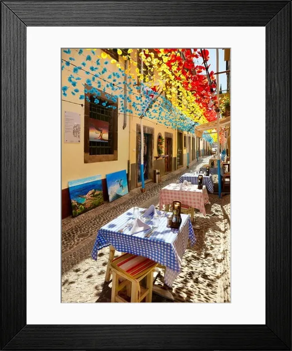 Framed Print : Street decorated with paper flowers on feast of Madeira, Funchal old town, Madeira Island, Portugal Framed Print : Street decorated with paper flowers on feast of Madeira, Funchal old town, Madeira Island, Portugal