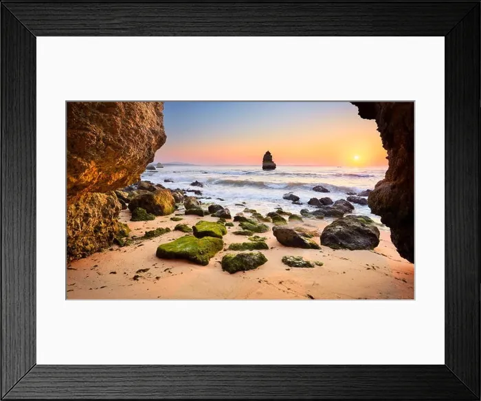 Framed Print : Sunrise at Algarve rocky beach near Lagos, Algarve, Portugal Framed Print : Sunrise at Algarve rocky beach near Lagos, Algarve, Portugal