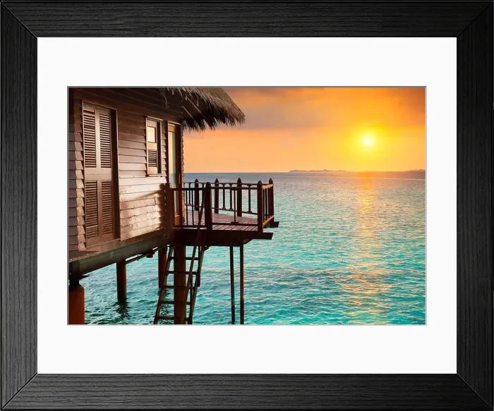 Framed Print : Tropical sunset landscape at hotel Maldives Island Framed Print : Tropical sunset landscape at hotel Maldives Island