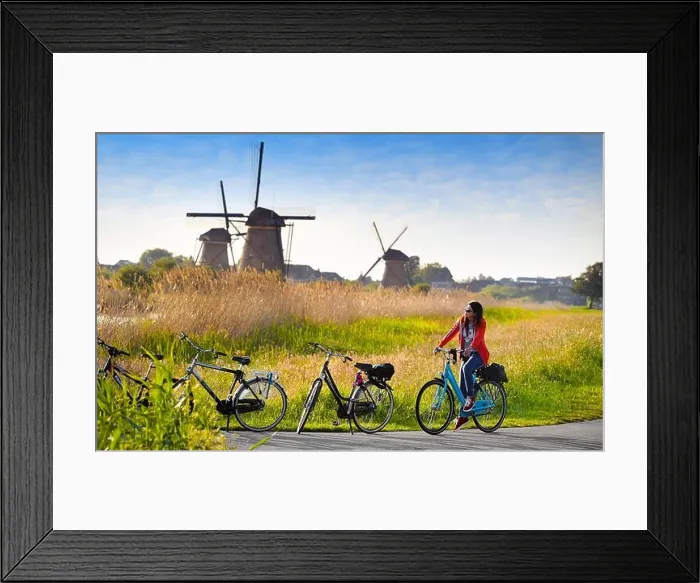 Framed Print : Landscape view with windmills and bicycles - Kinderdijk, Holland Netherlands Framed Print : Landscape view with windmills and bicycles - Kinderdijk, Holland Netherlands