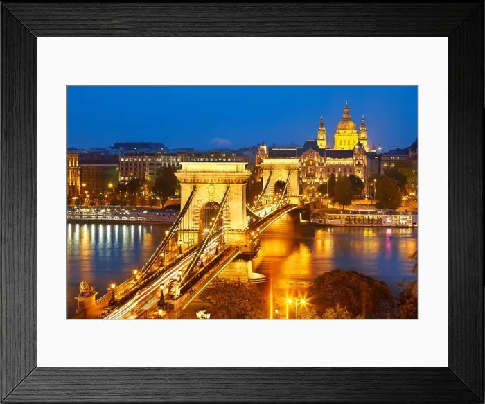 Framed Print : Budapest - View at Hungarian Chain Bridge and St Stephen Basilica at night, Budapest, Hungary Framed Print : Budapest - View at Hungarian Chain Bridge and St Stephen Basilica at night, Budapest, Hungary