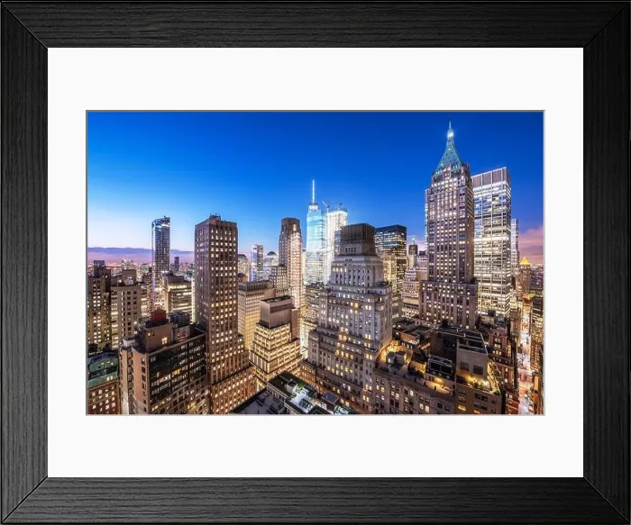 Framed Print : New York, New York, USA Lower Manhattan Financial District cityscape from above at twilight Framed Print : New York, New York, USA Lower Manhattan Financial District cityscape from above at twilight