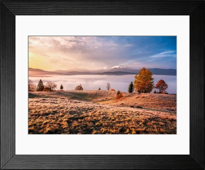Framed Print : Amazing scene on autumn mountains. Yellow and orange trees in fantastic morning fog. Carpathians, Europe. Landscape photography Framed Print : Amazing scene on autumn mountains. Yellow and orange trees in fantastic morning fog. Carpathians, Europe. Landscape photography
