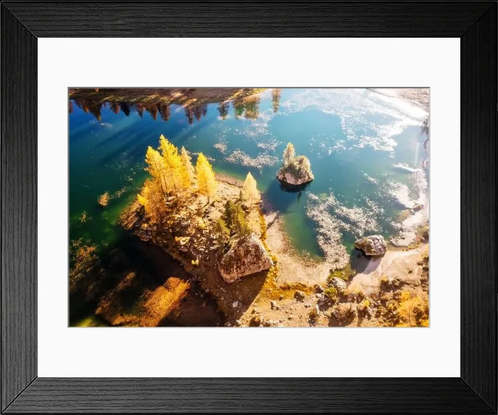 Framed Print : Drone flight over Federa Lake in sunrise time. Autumn mountains landscape with Lago di Federa and bright orange larches in the Dolomite Apls Framed Print : Drone flight over Federa Lake in sunrise time. Autumn mountains landscape with Lago di Federa and bright orange larches in the Dolomite Apls