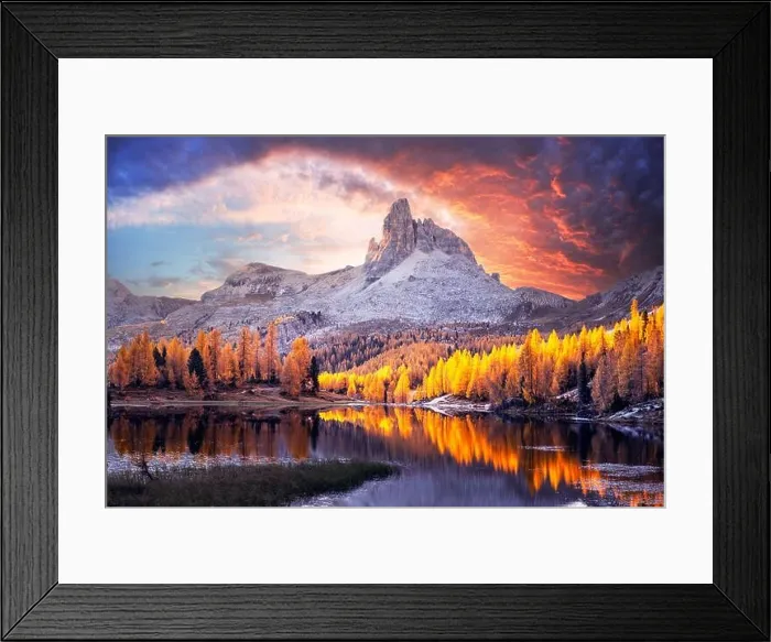 Framed Print : Incredible purple sunrise on Federa Lake in the Dolomite Apls. Autumn mountains landscape with Lago di Federa and bright orange larches Framed Print : Incredible purple sunrise on Federa Lake in the Dolomite Apls. Autumn mountains landscape with Lago di Federa and bright orange larches