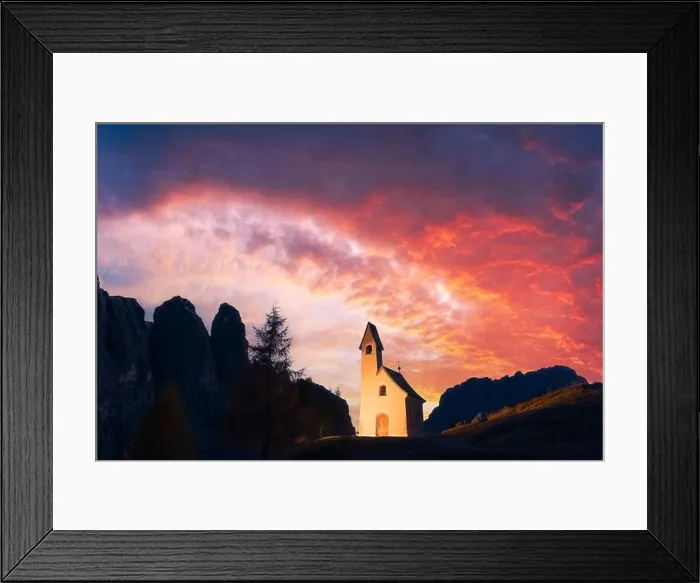 Framed Print : Incredible view on small iIlluminated chapel - Kapelle Ciapela on Gardena Pass, Italian Dolomites mountains. Colorful sunset in Dolomite Alps, Italy Framed Print : Incredible view on small iIlluminated chapel - Kapelle Ciapela on Gardena Pass, Italian Dolomites mountains. Colorful sunset in Dolomite Alps, Italy